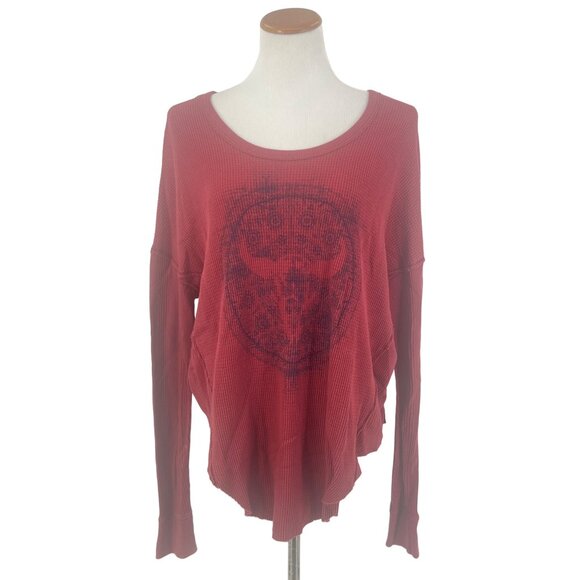 Free People Burgundy Graphic Bull Print Waffle Knit Thermal Top M | Western Boho - Picture 9 of 11